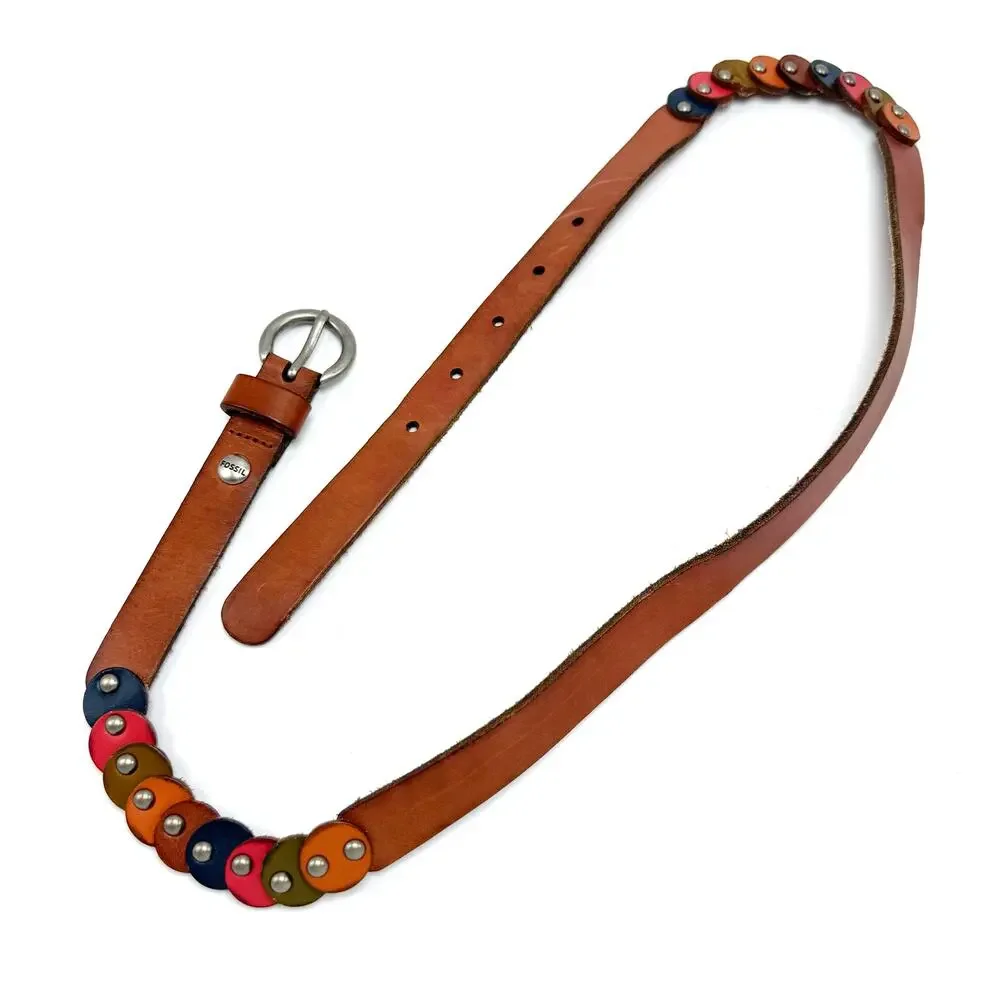 Fossil Boho Hippie Skinny Belt S 30-34 Leather Circle Dots Tan Brown Colorful